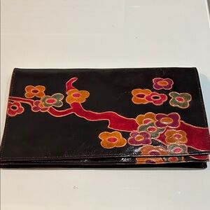 Vintage large Leather Clutch purse  with Multicolor flower accents  India